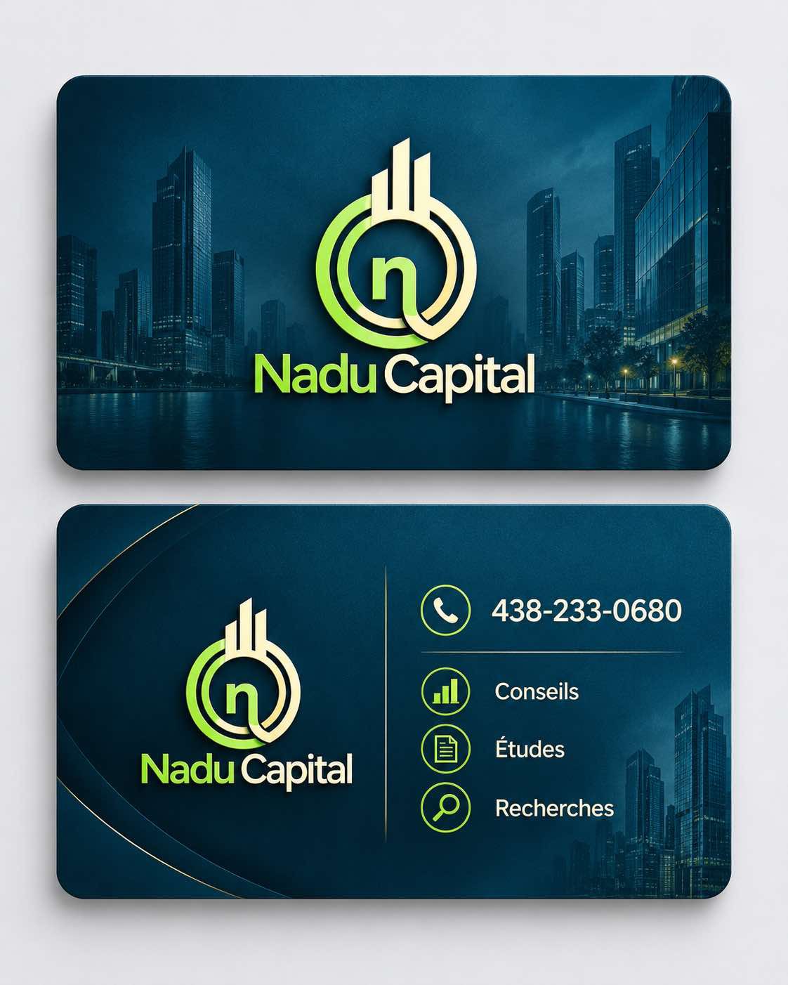 Logo Nadu Capital, vert lime et crème, sur un panorama urbain bleu profond